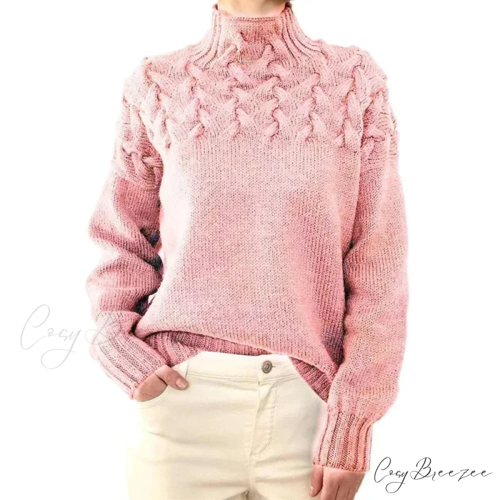 Electric Cable Woven Turtleneck Solid Color Sweater Pink / S swraters-241228