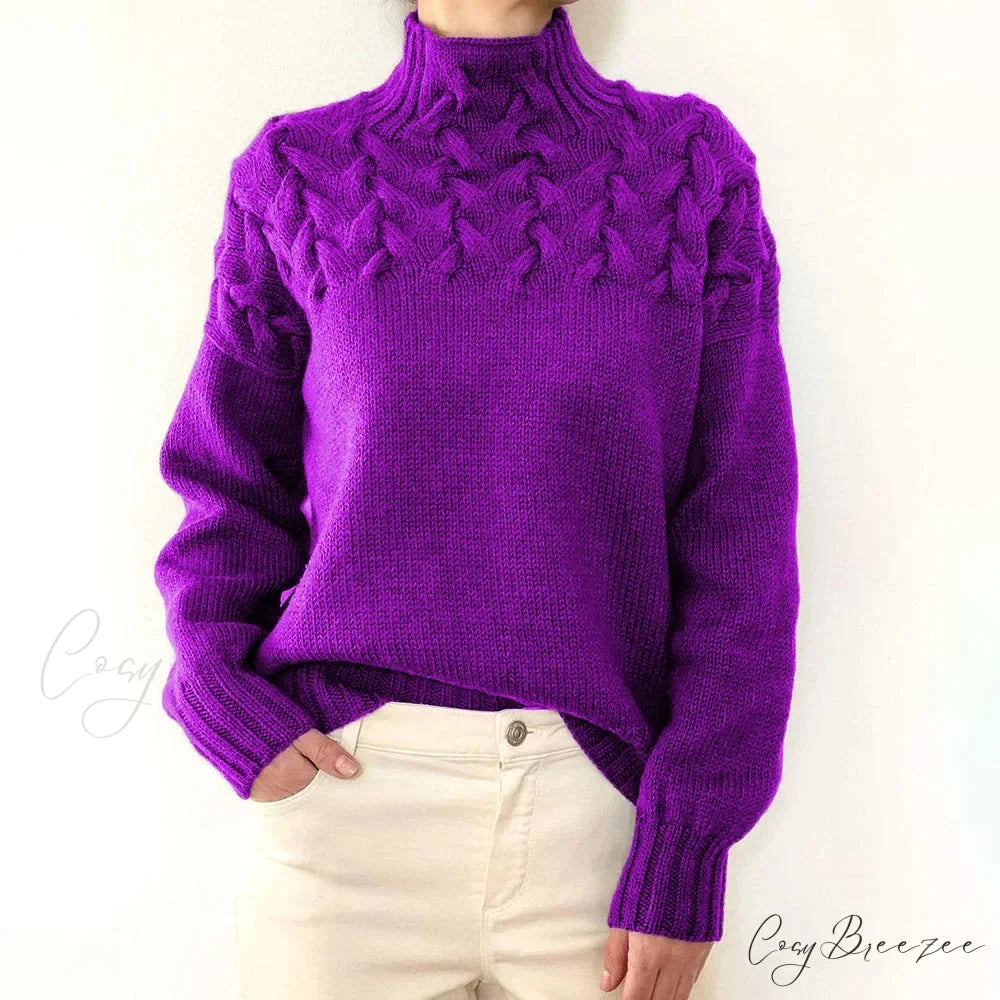 Electric Cable Woven Turtleneck Solid Color Sweater PURPLE / S swraters-241228