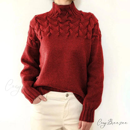Electric Cable Woven Turtleneck Solid Color Sweater Red / S swraters-241228
