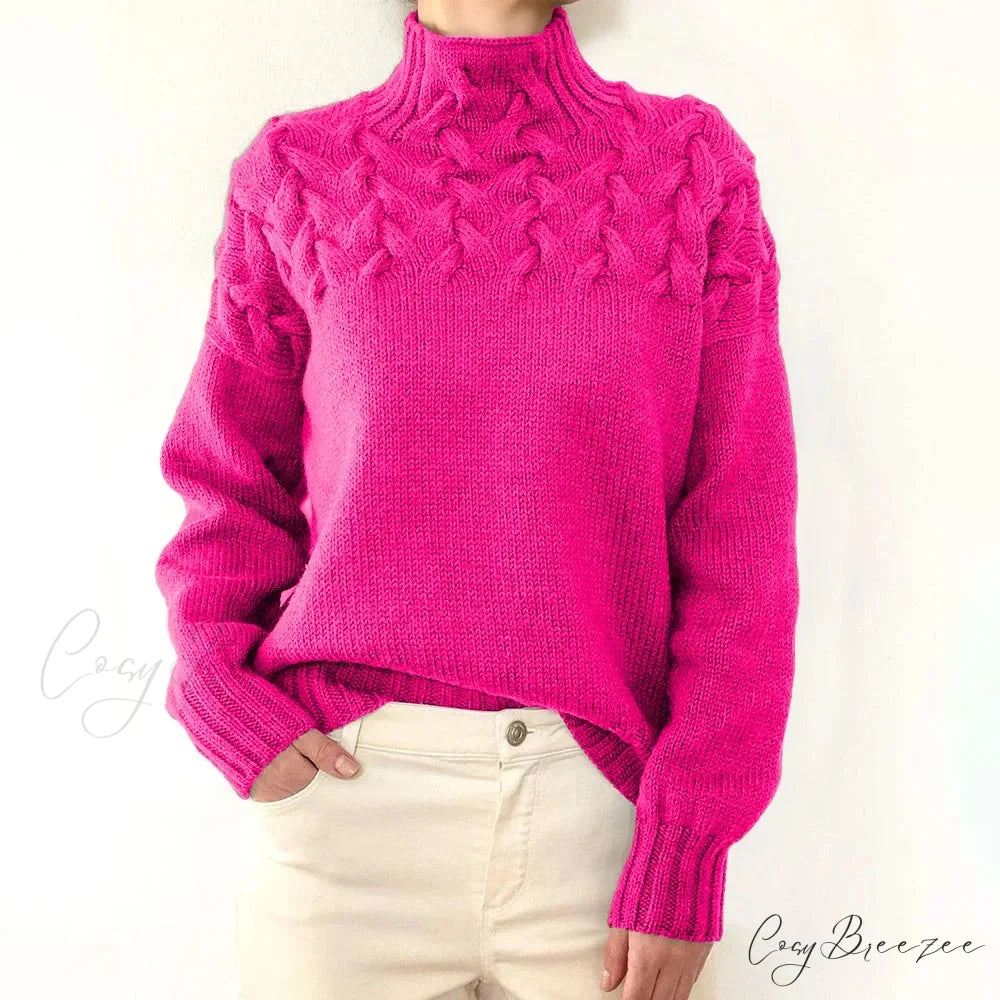 Electric Cable Woven Turtleneck Solid Color Sweater Rose Red / S swraters-241228