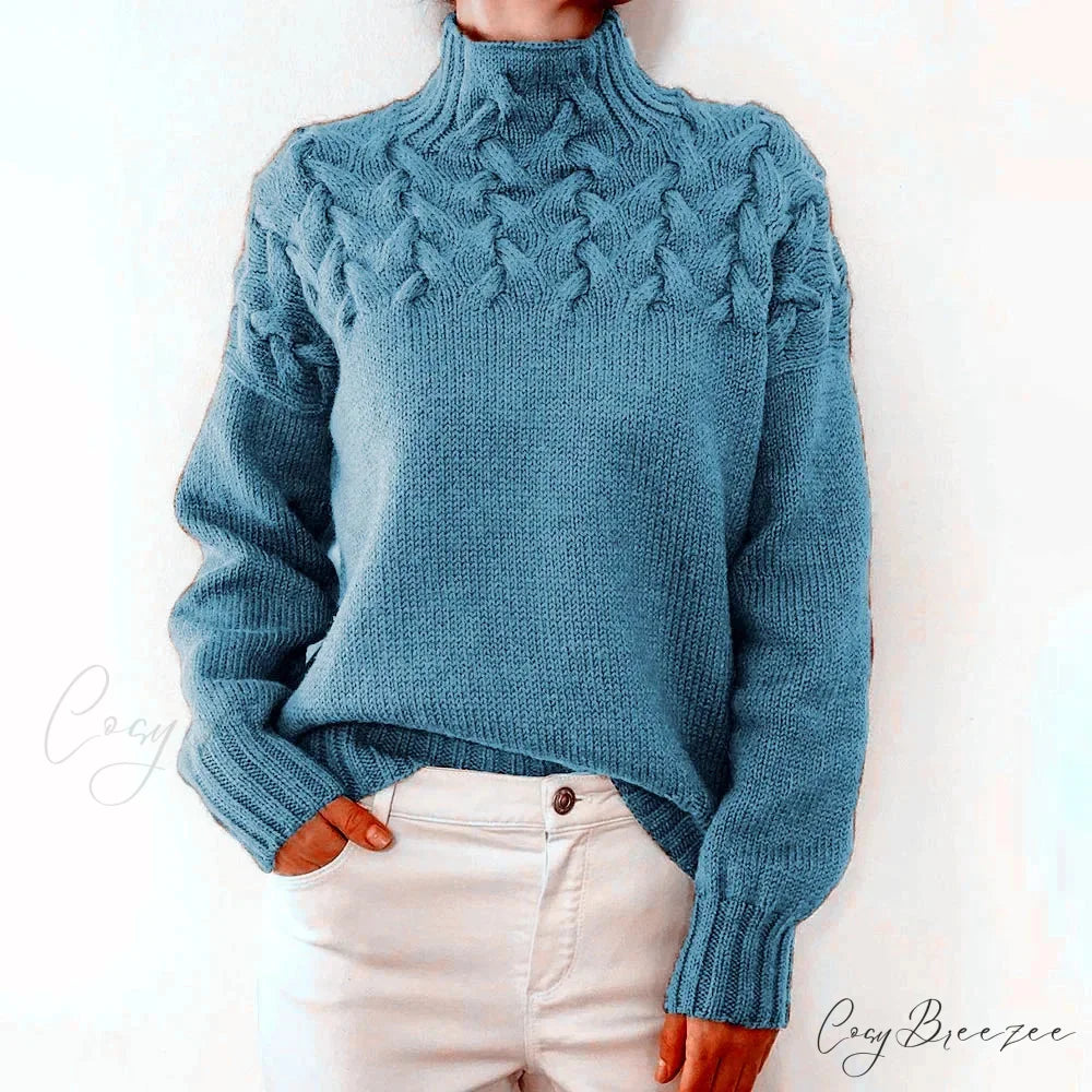 Electric Cable Woven Turtleneck Solid Color Sweater SKY BLUE / S swraters-241228