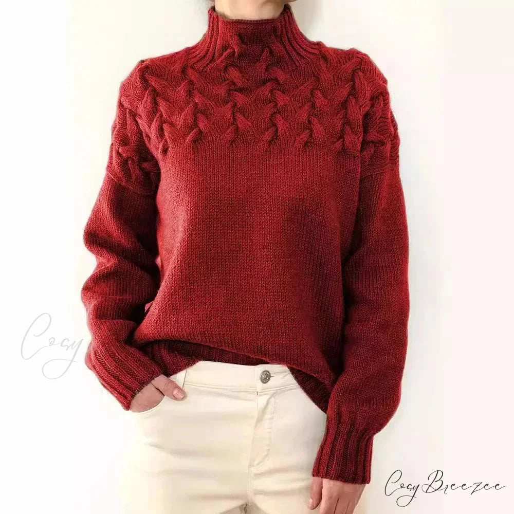 Electric Cable Woven Turtleneck Solid Color Sweater swraters-241228