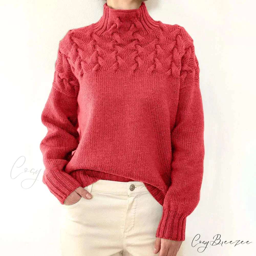 Electric Cable Woven Turtleneck Solid Color Sweater Watermelon red / S swraters-241228