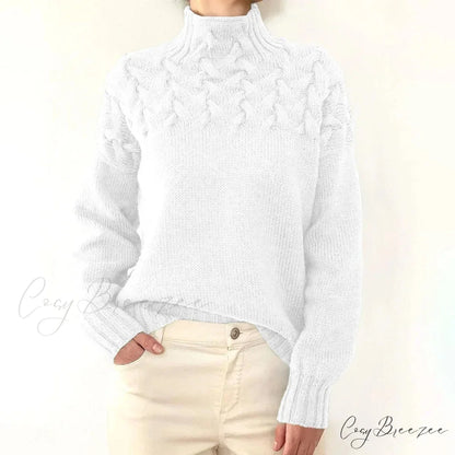 Electric Cable Woven Turtleneck Solid Color Sweater WHITE / S swraters-241228