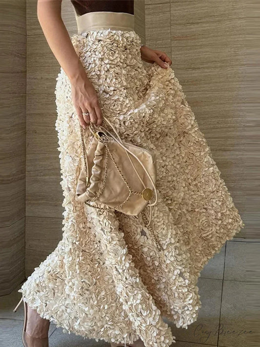 Elegant 3D Flower Solid A-Line Elastic High Waist Skirt skirt-250126