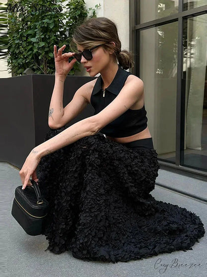 Elegant 3D Flower Solid A-Line Elastic High Waist Skirt skirt-250126