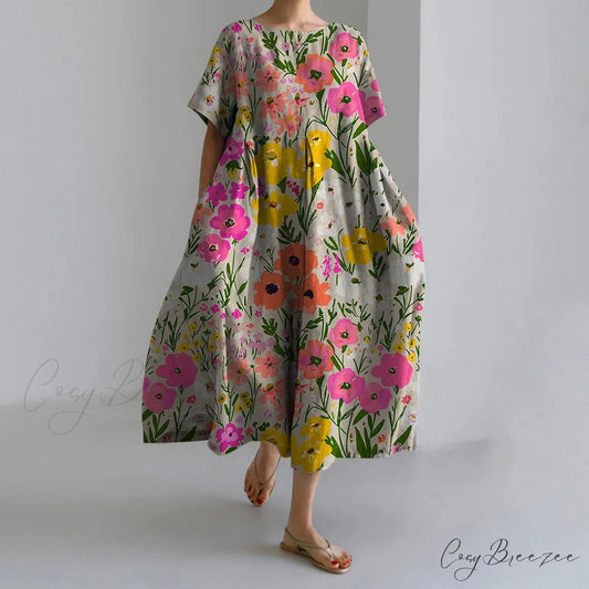 Elegant Autumn Retro Floral Print Round Neck Evening Dress red1 / S oldfloraldress-250126