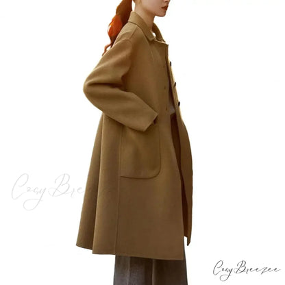Elegant Black O-Neck Puff Sleeve Coat camel / M overcoats-241228