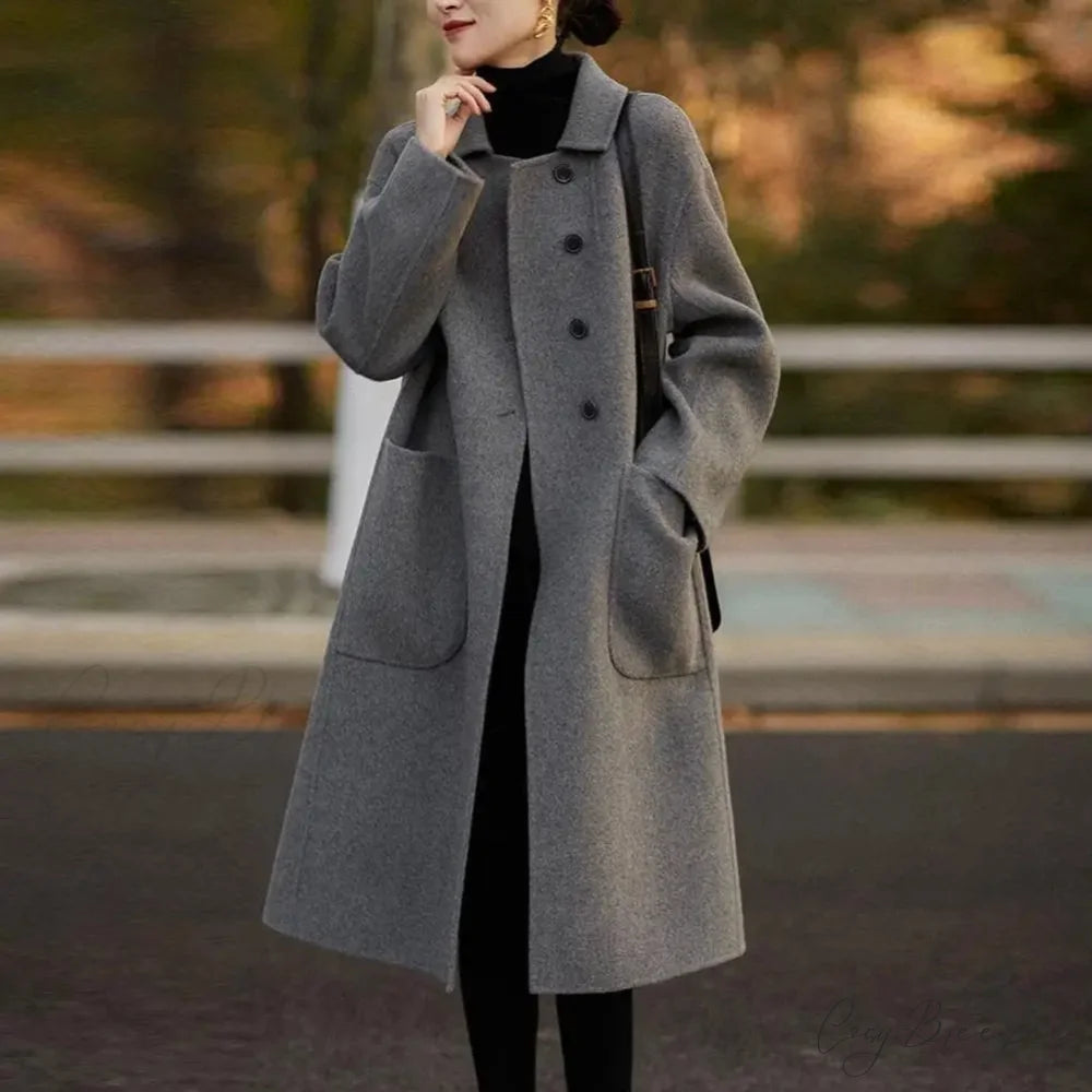 Elegant Black O-Neck Puff Sleeve Coat Grey / M overcoats-241228