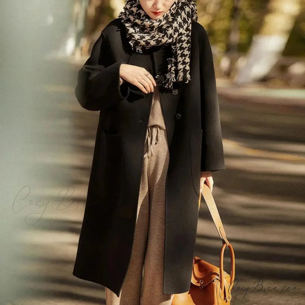 Elegant Black O-Neck Puff Sleeve Coat Black / M overcoats-241228