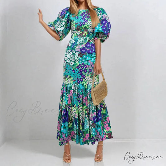 Elegant Blue Floral Lantern Sleeve Dress Green / S oldfloraldress-250126