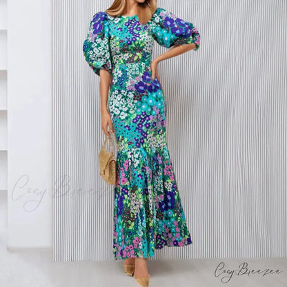 Elegant Blue Floral Lantern Sleeve Dress oldfloraldress-250126
