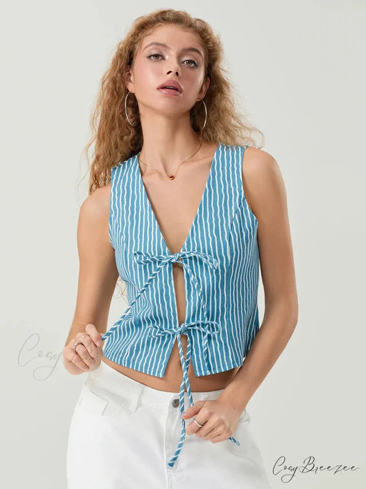 Elegant Bow Tied Front Striped Sleeveless V-neck Crop Tank croptop-250126