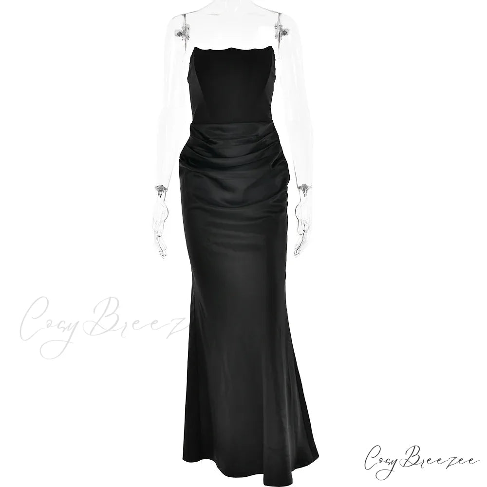 Elegant Corset Strap Neck Backless Maxi Red Christmas Party Dress Black / S