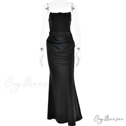 Elegant Corset Strap Neck Backless Maxi Red Christmas Party Dress Black / S