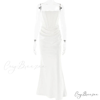 Elegant Corset Strap Neck Backless Maxi Red Christmas Party Dress White / S