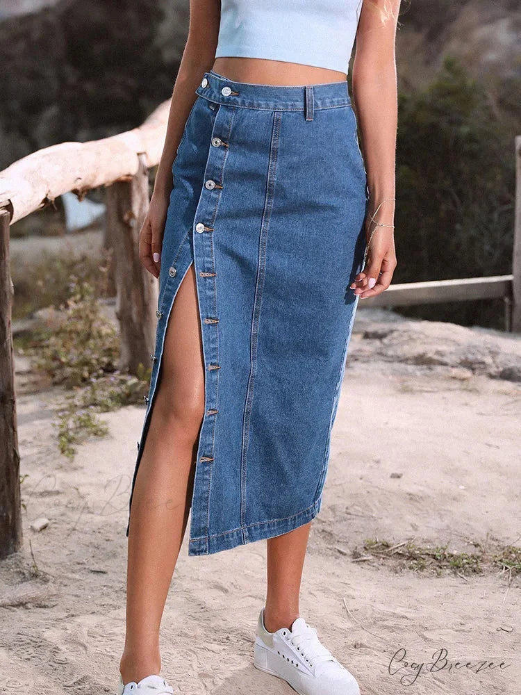 Elegant Denim High Waist Shirt blue / S