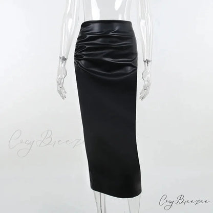 Elegant Fashion Ruched Slim High Waist PU Leather Black Trendy Midi Skirt