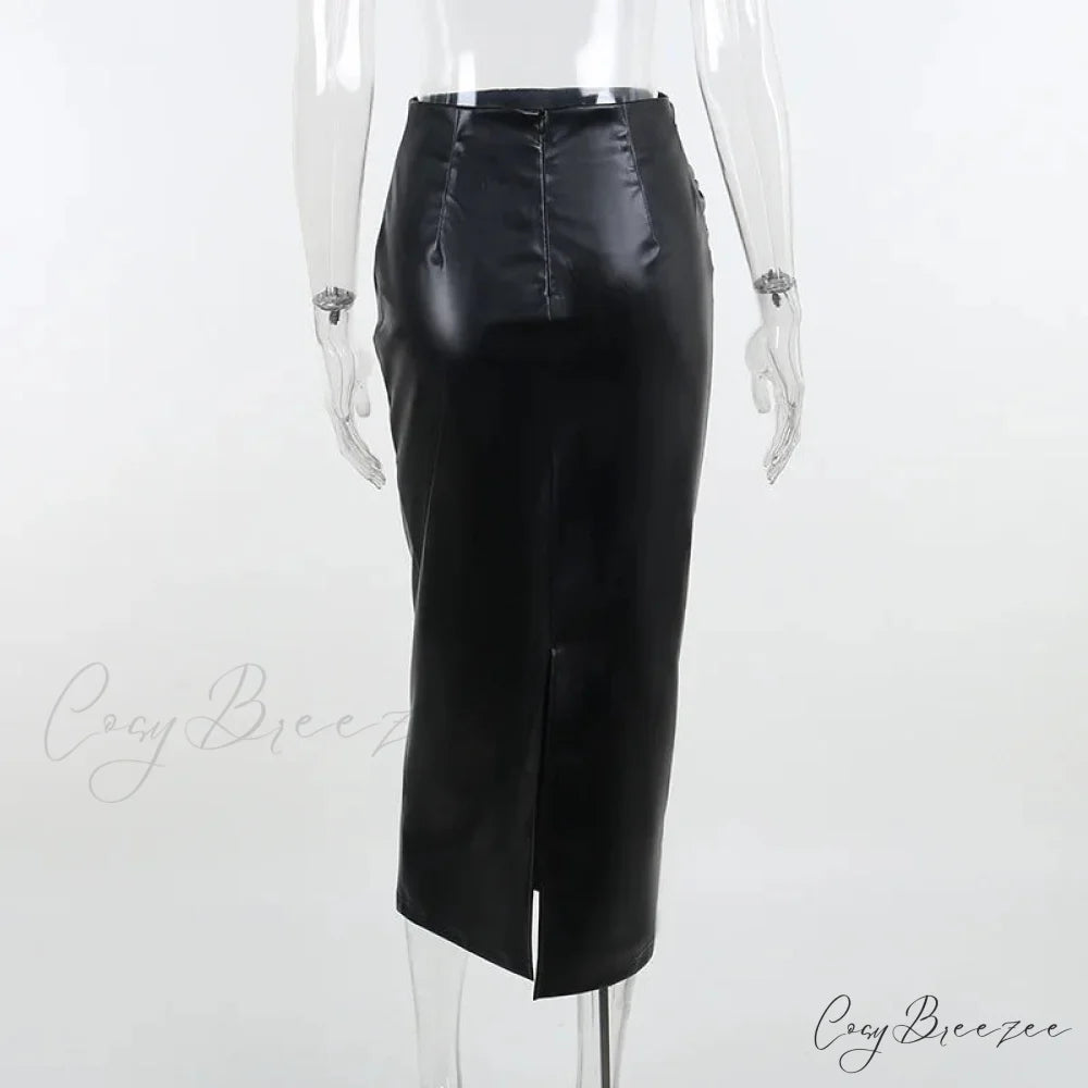 Elegant Fashion Ruched Slim High Waist PU Leather Black Trendy Midi Skirt