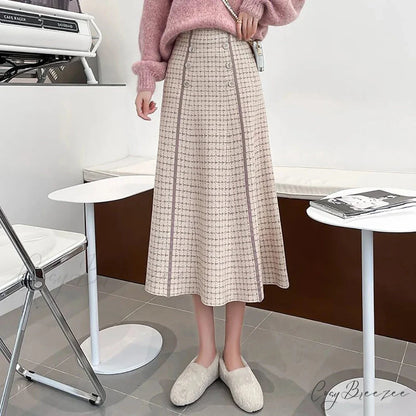 Elegant Fashionable Plaid High-Waisted New Trendy Autumn Winter A-line Swing Skirt Beige / S