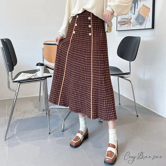 Elegant Fashionable Plaid High-Waisted New Trendy Autumn Winter A-line Swing Skirt Coffee / S