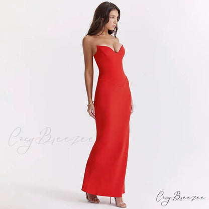 Elegant Fishbone Slim Sheath Fishtail Maxi Dress Red / S