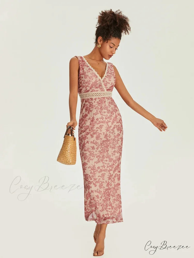 Elegant Floral Fishtail Lace Trim V-neck Bodycon Dress floraldress-250126