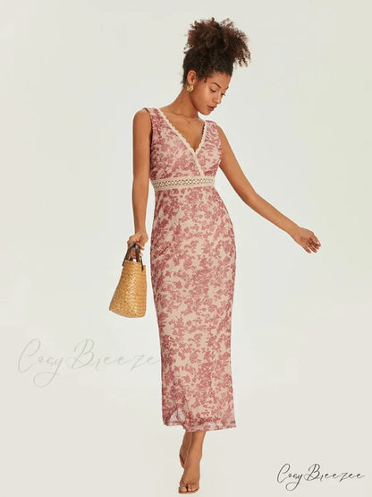 Elegant Floral Fishtail Lace Trim V-neck Bodycon Dress floraldress-250126