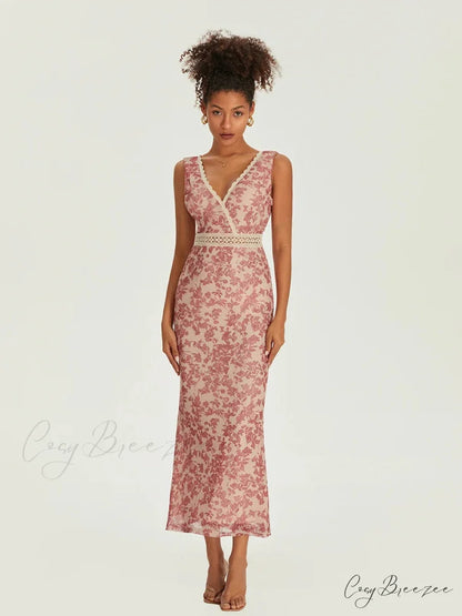 Elegant Floral Fishtail Lace Trim V-neck Bodycon Dress Pink / S floraldress-250126