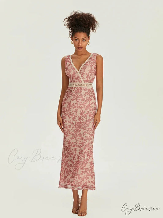 Elegant Floral Fishtail Lace Trim V-neck Bodycon Dress Pink / S floraldress-250126