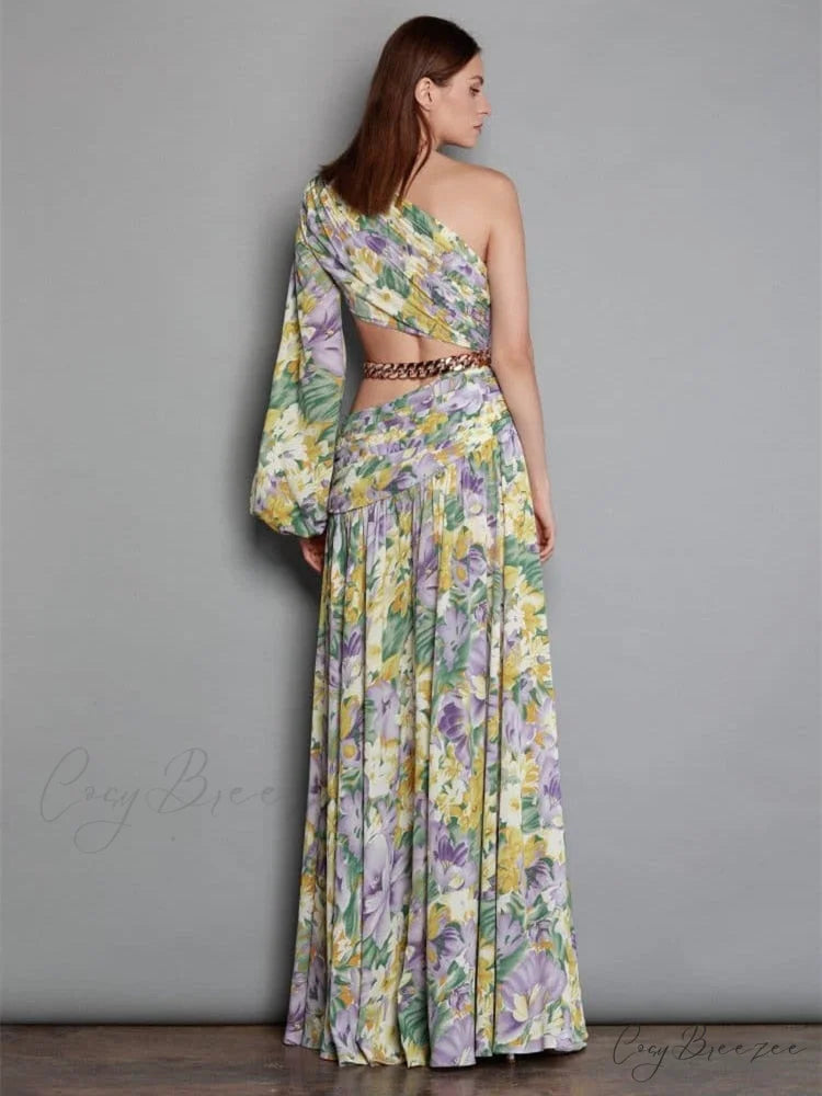 Elegant Floral Irregular Cut Out Long Sleeve Dress