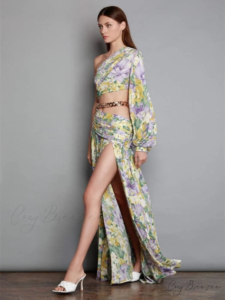 Elegant Floral Irregular Cut Out Long Sleeve Dress