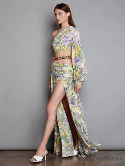 Elegant Floral Irregular Cut Out Long Sleeve Dress