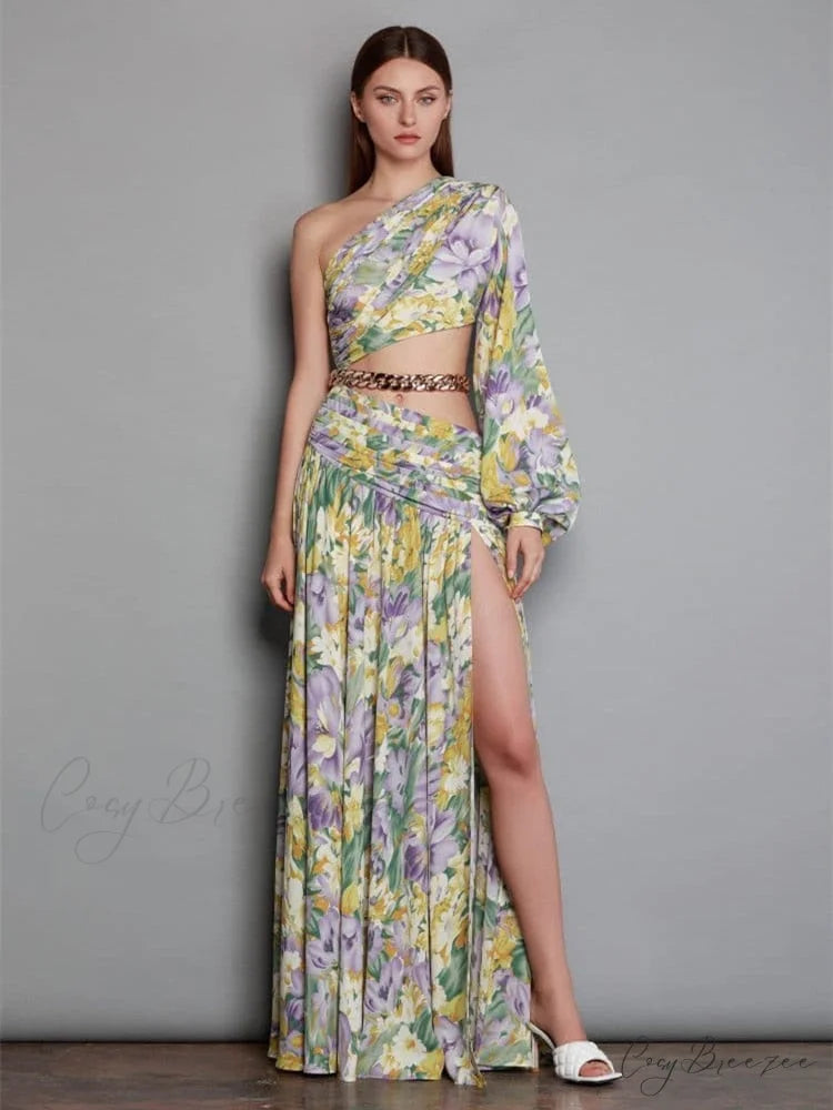 Elegant Floral Irregular Cut Out Long Sleeve Dress color 1 / XS
