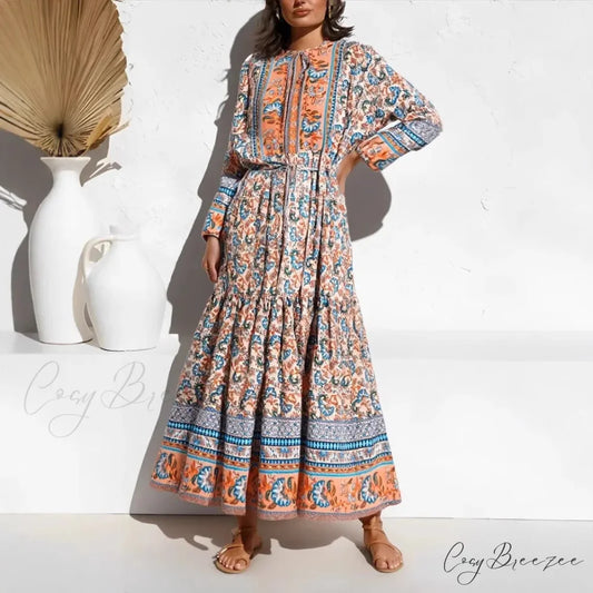 Elegant Floral Lace-up Rayon Maxi Boho Sundress kahaki / S bohodress-250126