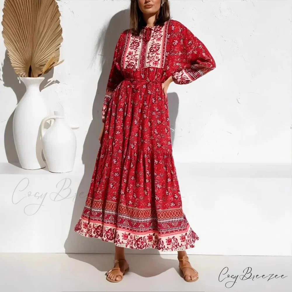 Elegant Floral Lace-up Rayon Maxi Boho Sundress Red / S bohodress-250126