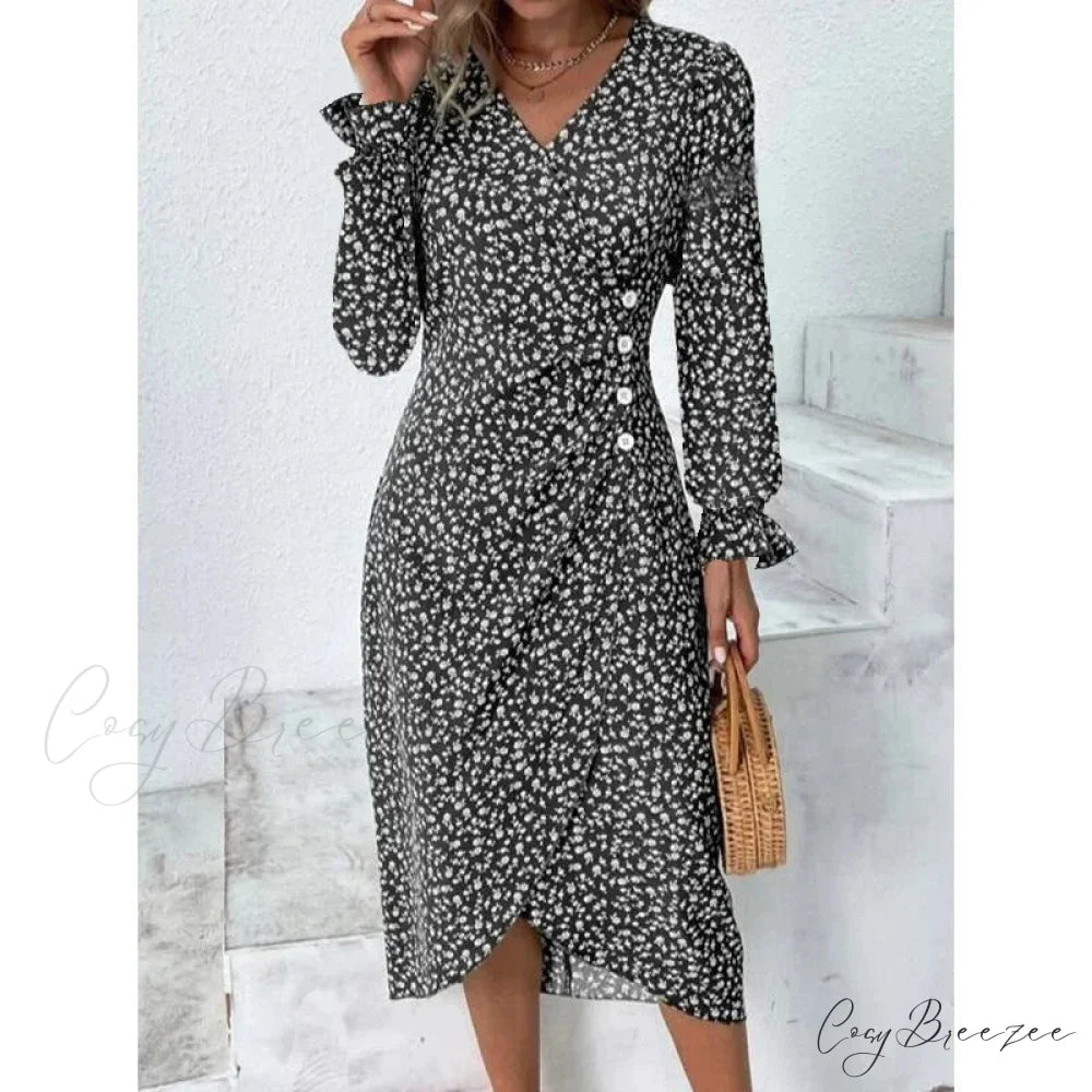 Elegant Floral Midi Puff Sleeve Ruched Waist Dress black B / S oldfloraldress-250126