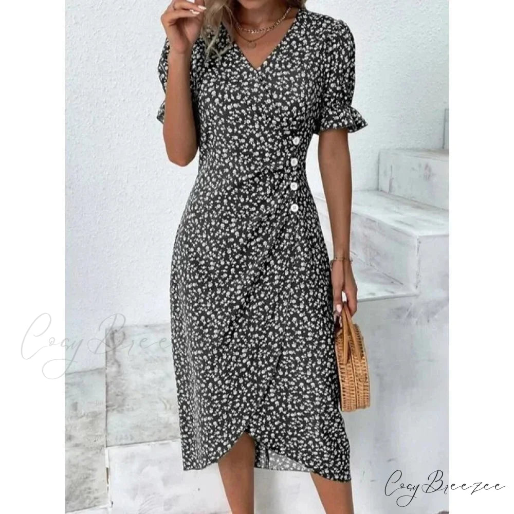 Elegant Floral Midi Puff Sleeve Ruched Waist Dress Black / S oldfloraldress-250126
