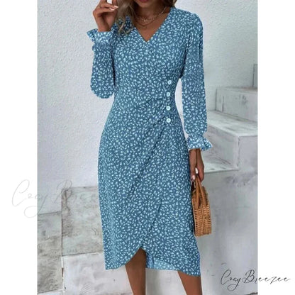 Elegant Floral Midi Puff Sleeve Ruched Waist Dress blue B / S oldfloraldress-250126