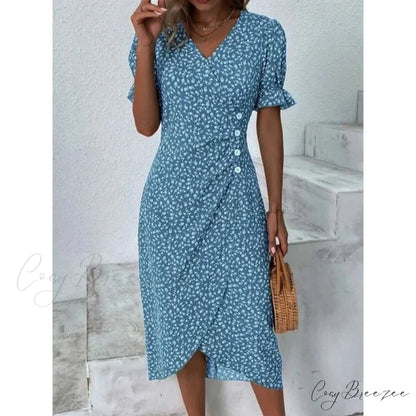 Elegant Floral Midi Puff Sleeve Ruched Waist Dress Blue / S oldfloraldress-250126