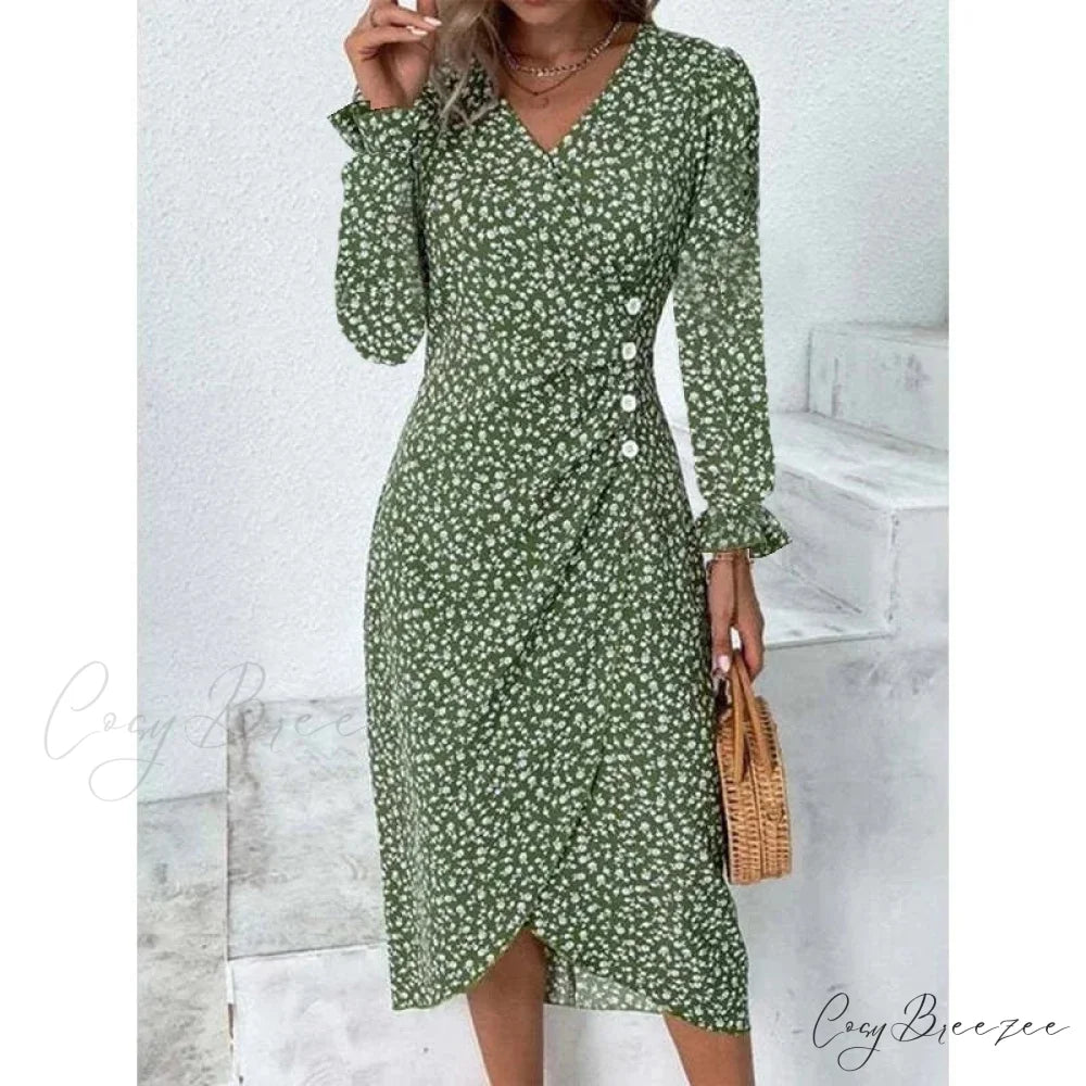 Elegant Floral Midi Puff Sleeve Ruched Waist Dress green B / S oldfloraldress-250126