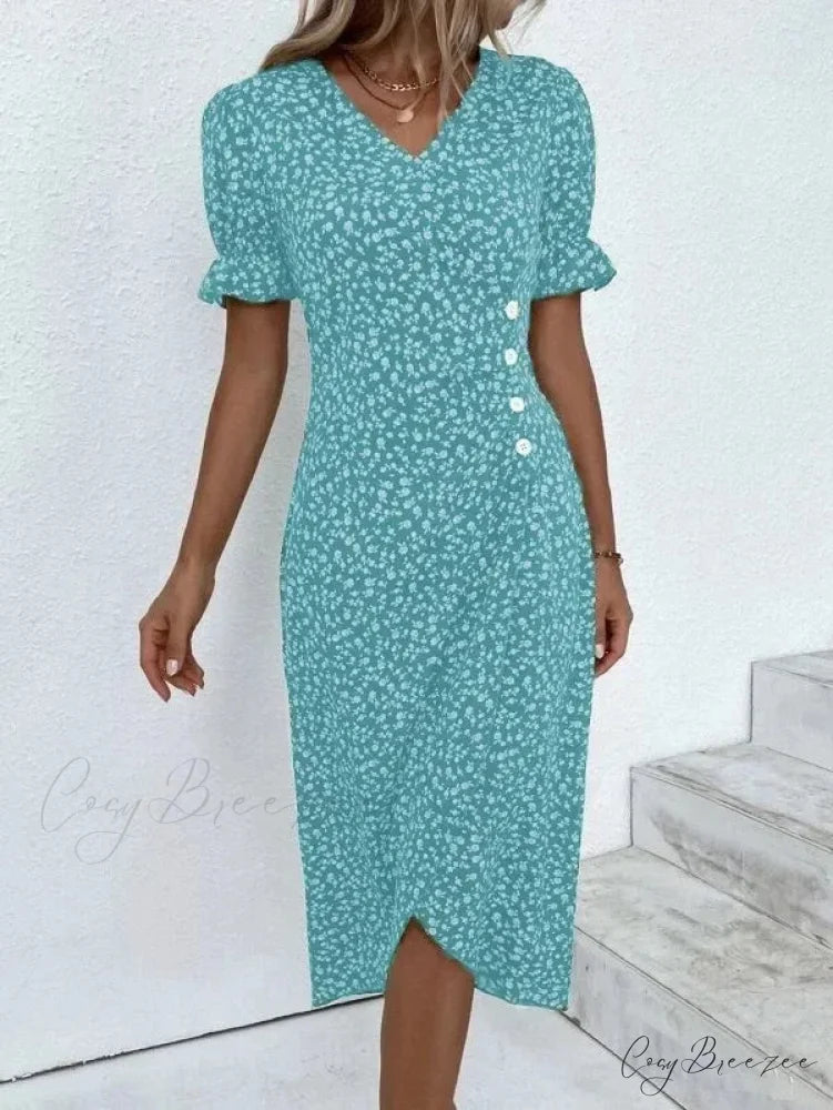 Elegant Floral Midi Puff Sleeve Ruched Waist Dress light blue / S oldfloraldress-250126