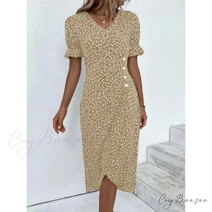 Elegant Floral Midi Puff Sleeve Ruched Waist Dress oldfloraldress-250126