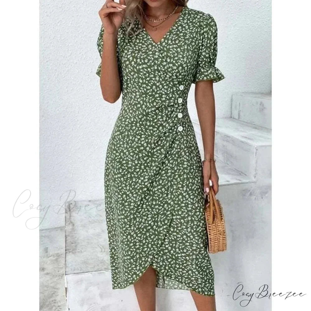 Elegant Floral Midi Puff Sleeve Ruched Waist Dress oldfloraldress-250126