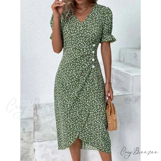 Elegant Floral Midi Puff Sleeve Ruched Waist Dress oldfloraldress-250126