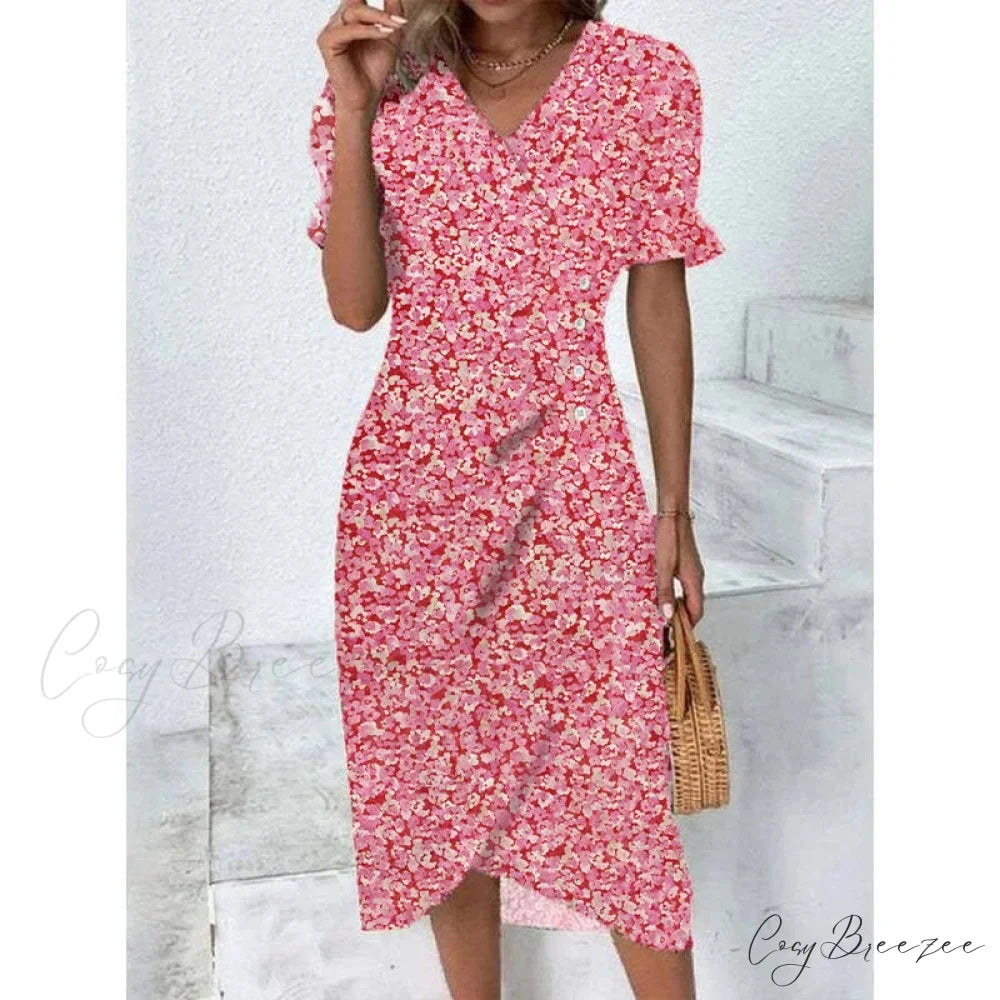 Elegant Floral Midi Puff Sleeve Ruched Waist Dress Red / S oldfloraldress-250126