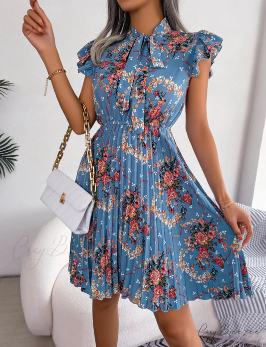 Elegant Floral Print Bow Pleated Slim Waist Dress Blue / S oldfloraldress-250126
