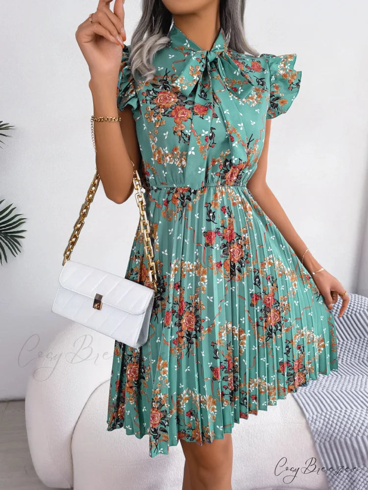 Elegant Floral Print Bow Pleated Slim Waist Dress Green / S oldfloraldress-250126