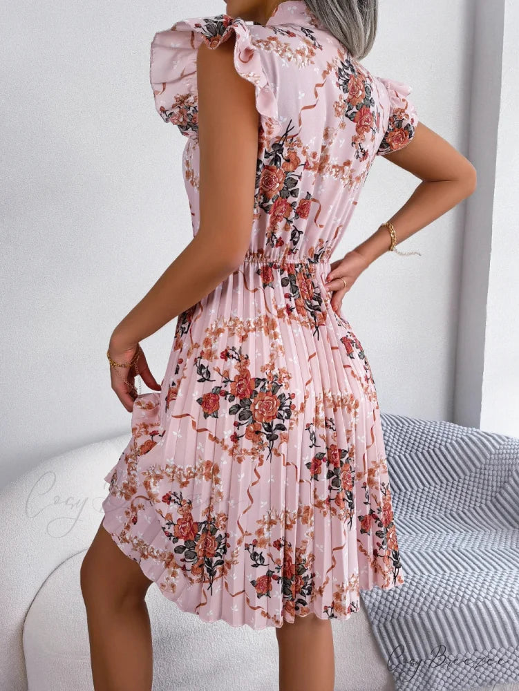 Elegant Floral Print Bow Pleated Slim Waist Dress oldfloraldress-250126