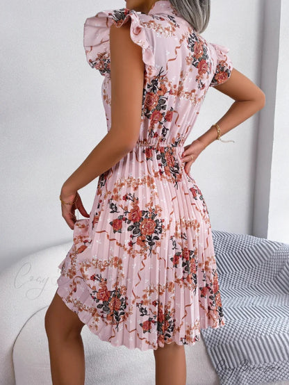 Elegant Floral Print Bow Pleated Slim Waist Dress oldfloraldress-250126